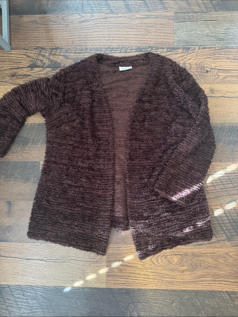 Neiman Marcus Cozy Brown/Maroon Fuzzy Open-Front Women's Cardigan